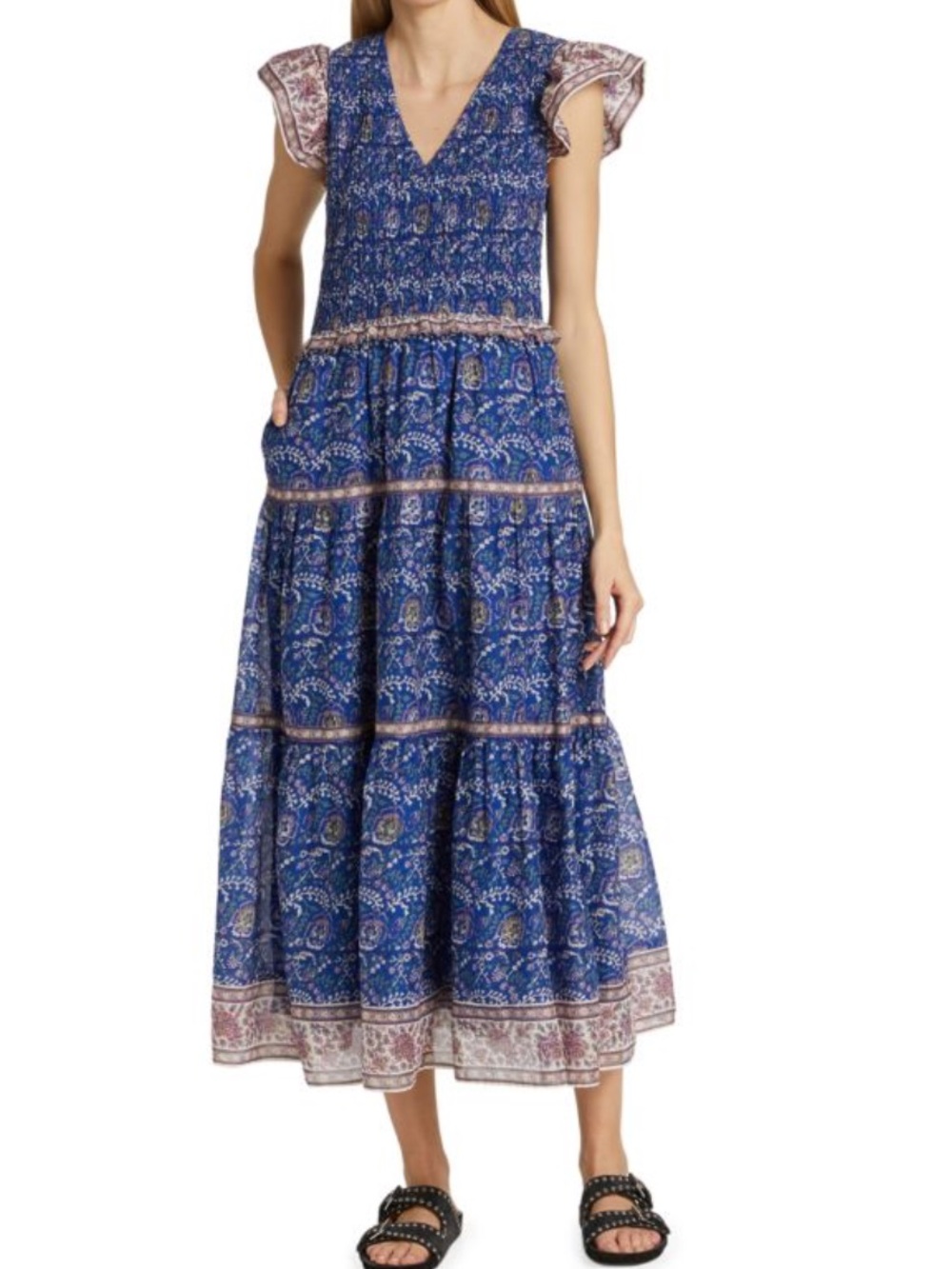 SEA New York Rosita Smocked Midi Day Dress Pockets 100% Cotton Cerulean Blue 6 M